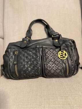 Elliott Lucca Black Woven Leather Satchel Shoulder Bag Brass Hardware